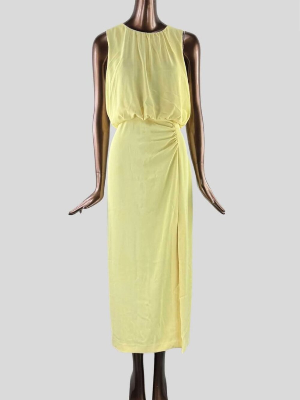 Zara Yellow Ruched Sleeveless Midi Dress Side Slit - Large